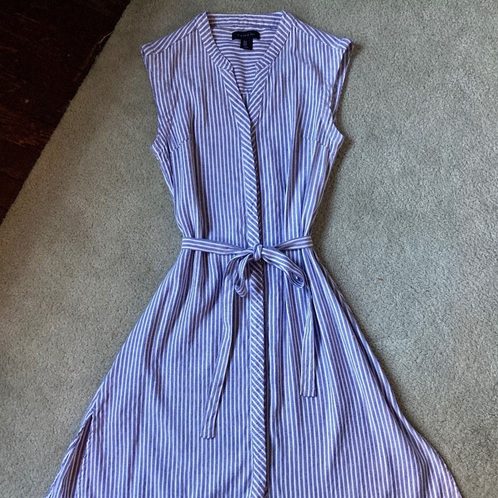 Tahari Linen Blend Preppy Blue White Pinstripe Sleeveless Nantucket Dress Sz 4